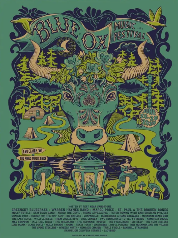 Blue OX Music Festival 2025 Official Event Poster Show At The Pines Music Park In Eau Claire Wisconsin On June 26 And 28 2025