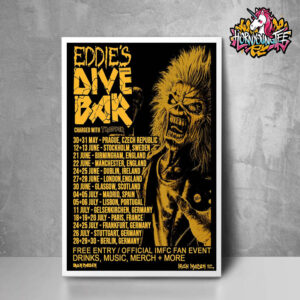 Iron Maiden Eddie Official Pop Up Dive Bar Is On The Road For 2025 Charged With Trooper Poster Schedule Tour Dates Poster Home Decor Canvas