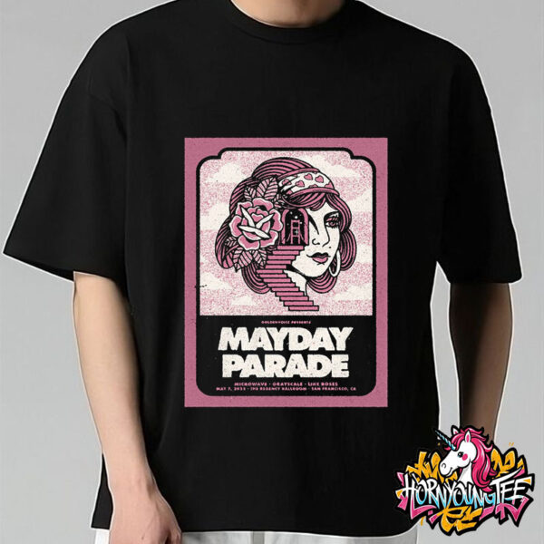 Mayday Parade Microwave Grayscale Like Roses Show Three Cheers For 20 Years Held At May 7 2025 At The Regency Ballroom In San Francisco CA Unisex T-Shirt