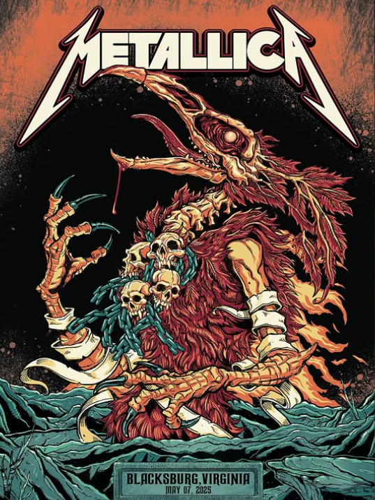 Metallica M72 World Tour 2025 Merchandise Exclusive Poster For M72 Virginia Tech Pop Up Shop Show Event At Kent Square 216 South Main Street In Blacksburg Virginia On May 7 2025