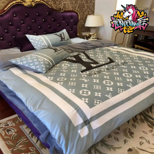 Blue Grey Louis Vuitton Monogram Bedding With Accent Stripes Comforter Bedding Sets