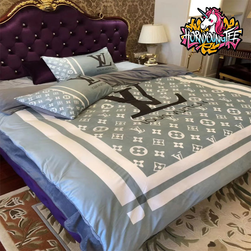 Blue Grey Louis Vuitton Monogram Bedding With Accent Stripes Comforter Bedding Sets Blue Grey Louis Vuitton Monogram Bedding With Accent Stripes Comforter Bedding Sets