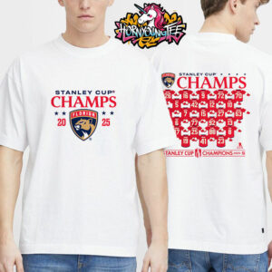 Florida Panthers Fanatics White 2025 NHL Stanley Cup Champions Jersey Roster T-Shirt Two Sides