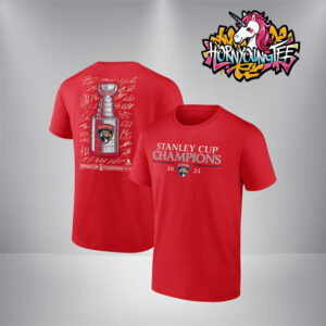 Florida Panthers Merch Tee Fanatics Red 2025 NHL Stanley Cup Champions Signature Roster Unisex T-Shirt Two Sides