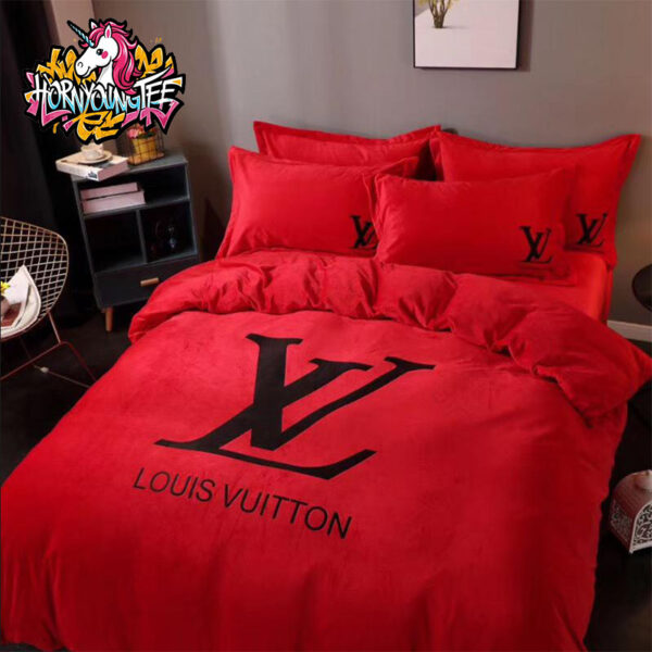 Louis Vuitton Black Basic Logo Red Background Duvet Cover Comforter Bedding Sets