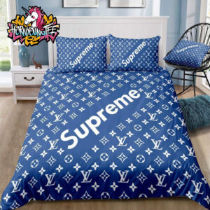 Louis Vuitton Blue Multi Logo Comforter With Supreme Branding Bedding Sets