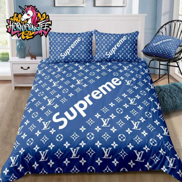Louis Vuitton Blue Multi Logo Comforter With Supreme Branding Bedding Sets