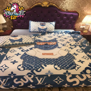 Louis Vuitton Blue Multi Logo Teddy Bear Comforter With Supreme Accents Comforter Bedding Sets