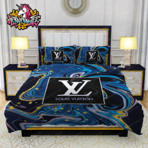 Louis Vuitton Blue Water Color And Gold Abstract Comforter Bedding Sets