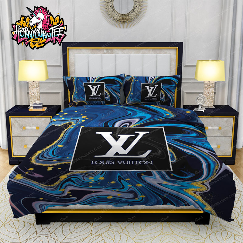 Louis Vuitton Blue Water Color And Gold Abstract Comforter Bedding Sets Louis Vuitton Blue Water Color And Gold Abstract Comforter Bedding Sets