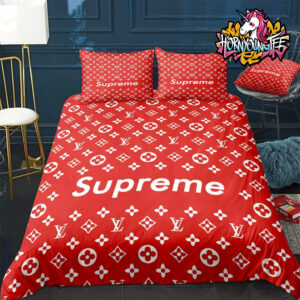 Louis Vuitton Collab Supreme Red Background Comforter Duvet Covers Comforter Bedding Sets