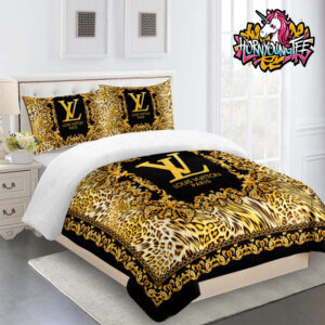 Louis Vuitton Gold Black Logo LV Paris Tiger Print Pattern Comforter Bedding Sets