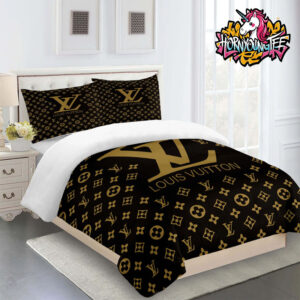 Louis Vuitton Golden Black Logo Duvet Covers Bedding Sets