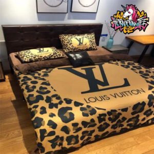 Louis Vuitton Golden Black Logo Leopard Print Pattern Comforter Duvet Covers Bedding Sets