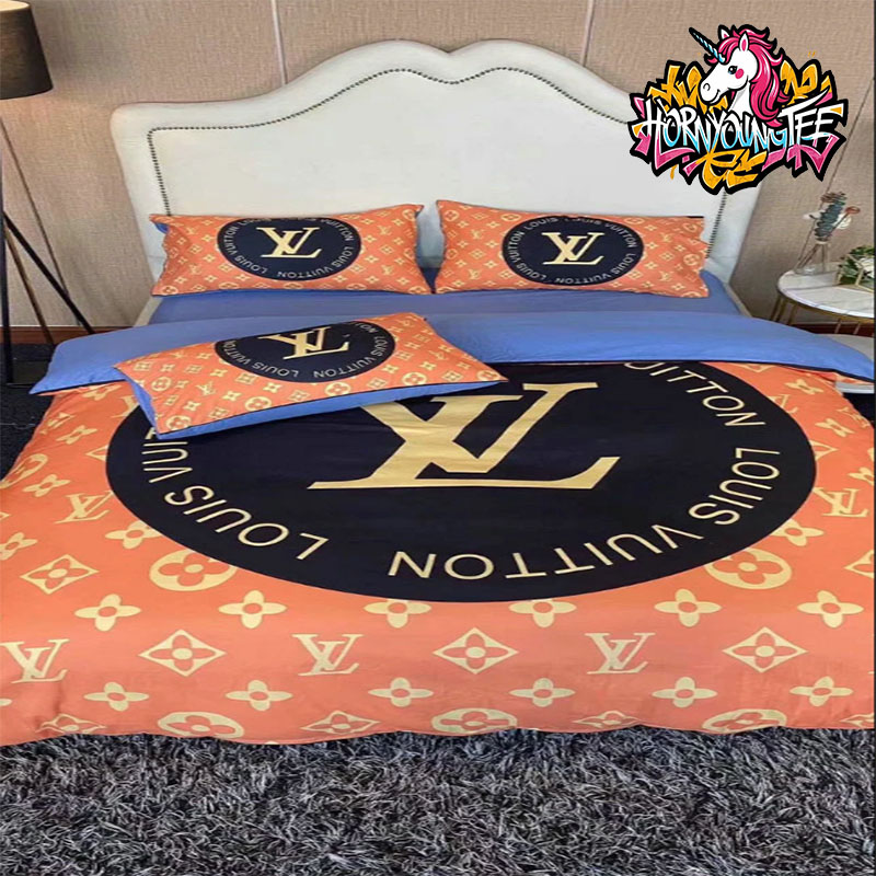 Louis Vuitton Golden Logo LV In Black Background Circle Bedding Sets Louis Vuitton Golden Logo LV In Black Background Circle Bedding Sets