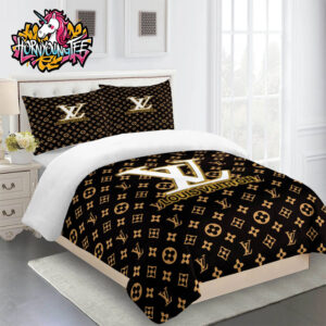 Louis Vuitton Golden Logo On Black Monogram Comforter Bedding Sets