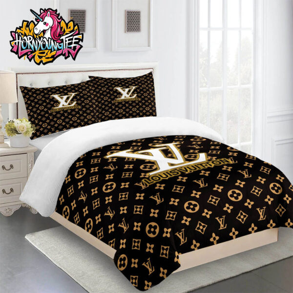 Louis Vuitton Golden Logo On Black Monogram Comforter Bedding Sets