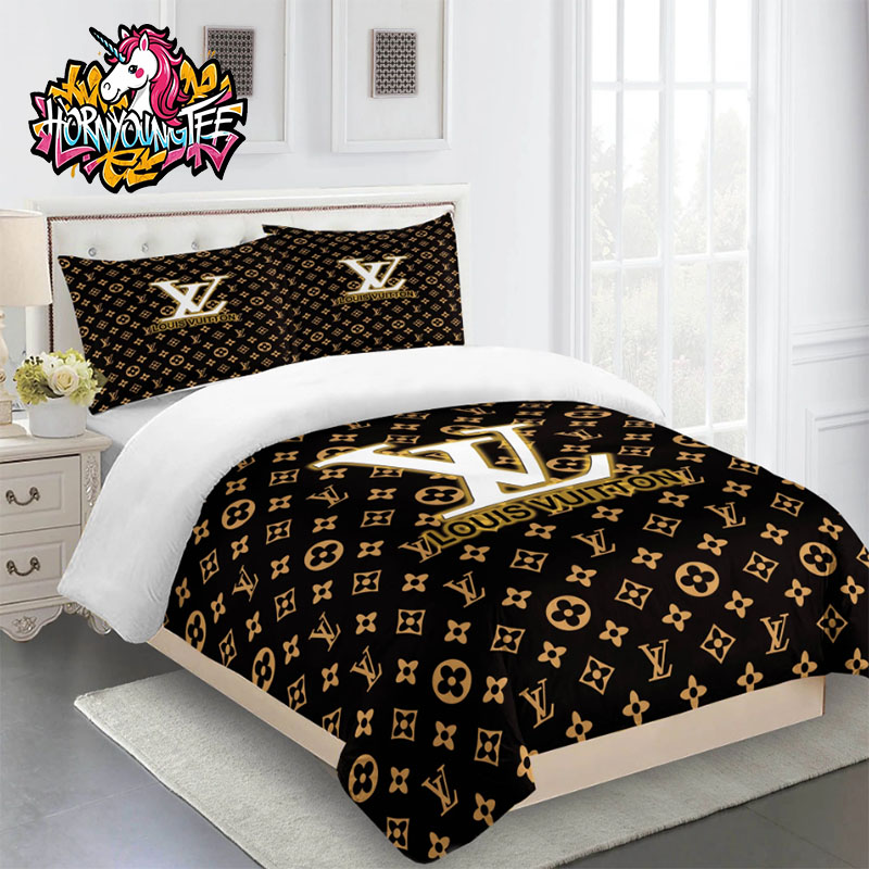 Louis Vuitton Golden Logo On Black Monogram Comforter Bedding Sets Louis Vuitton Golden Logo On Black Monogram Comforter Bedding Sets