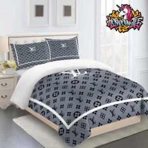 Louis Vuitton Interwoven Pattern Logo LV Light Grey Comforter Bedding Sets