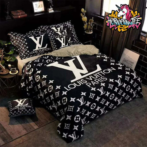 Louis Vuitton LV Logo Paris Black Background Comforter Bedding Sets