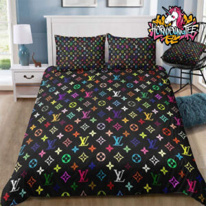 Louis Vuitton Rainbow Logo Queen Color Full Black Background Comforter Bedding Sets