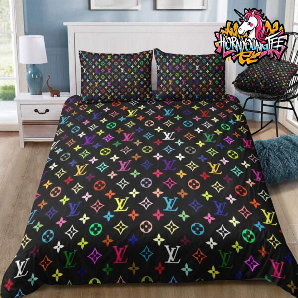 Louis Vuitton Rainbow Logo Queen Color Full Black Background Comforter Bedding Sets
