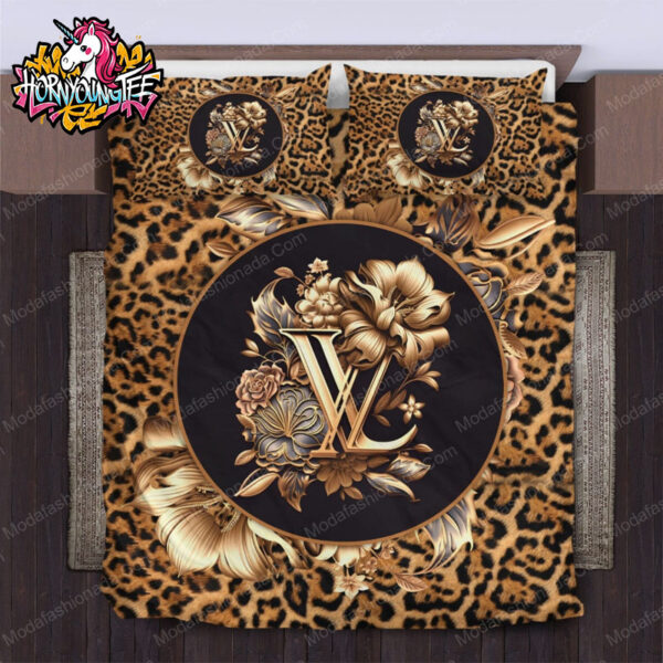 Louis Vuitton Wild Luxury Leopard Print Bed Set with Golden Florals
