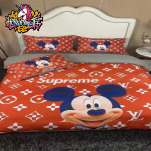 Louis Vuitton x Supreme x Mickey Mouse Red Luxury Multi Logo Bedding Sets