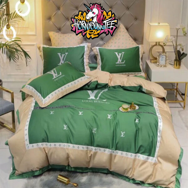 Luxury Louis Vuitton Green And Beige Comforter With Vintage Logo Comforter Bedding Sets