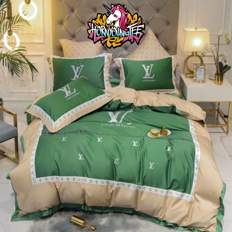 Luxury Louis Vuitton Green And Beige Comforter With Vintage Logo Comforter Bedding Sets Luxury Louis Vuitton Green And Beige Comforter With Vintage Logo Comforter Bedding Sets