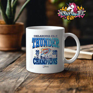 Oklahoma City Thunder 2025 NBA Champion Confetti Skyline White Mug Cup