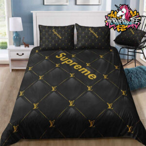 Supreme Collab Louis Vuitton Black Yellow Logo Pattern Luxury Comforter Bedding Sets