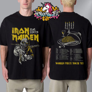 Iron Maiden Est 1975 50 Anniversary Merch Tee World Piece Tour 83 Schedule Tour Dates Unisex T-Shirt Two Sides