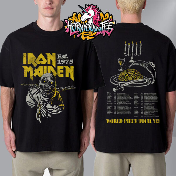 Iron Maiden Est 1975 50 Anniversary Merch Tee World Piece Tour 83 Schedule Tour Dates Unisex T-Shirt Two Sides